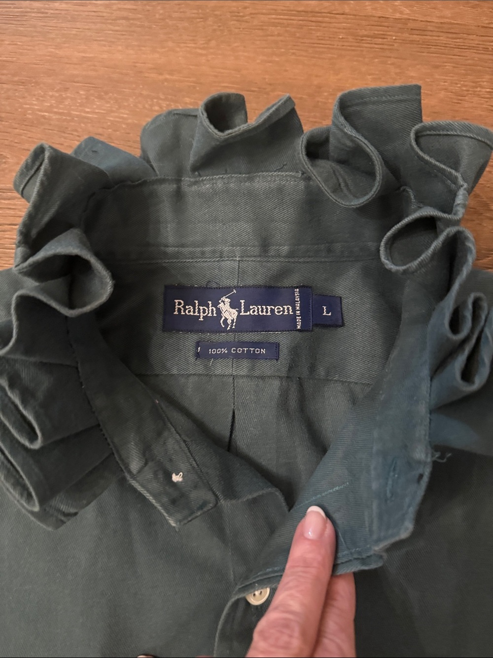 Upcycled Ralph Lauren Dark Green Ruffle Collar Button-Down Shirt Size Large - Picture 2 of 9